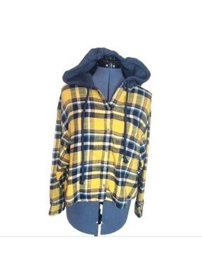 American Eagle Yellow Plaid Hooded Flannel Shacket Women's Large Button Up